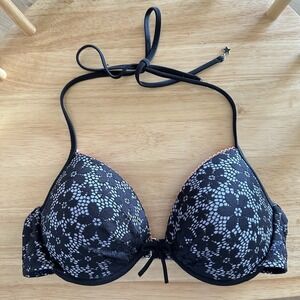 NEW Women's Victorias Secret Black Lace Daisy Swim Top Push Up Halter Charm 34C